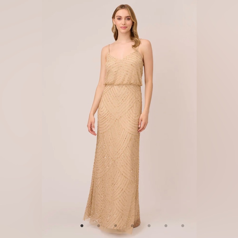 NWT Adrianna Papell Hand-Beaded Blouson Long Sleeveless Gown - Champagne